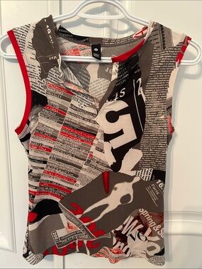 Vintage Sleeveless Newspaper Collage Graphic Tank Top with Red Trim